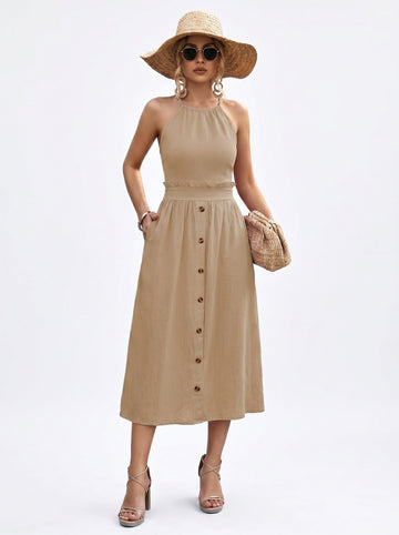 Buttoned Halter Neck Frill Trim Midi Dress
