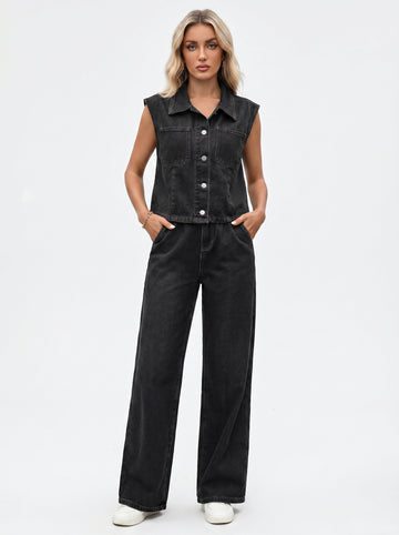 Button Up Vest and Jeans Denim Set
