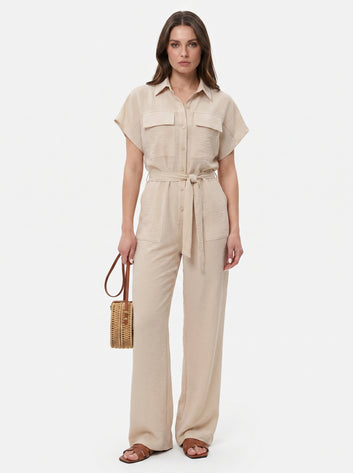 Chest Pocket Short Sleeve Wide Leg Jumpsuit