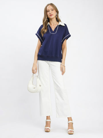 Contrast Collar Soft Knit Polo Top