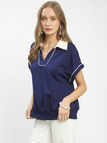 Contrast Collar Soft Knit Polo Top