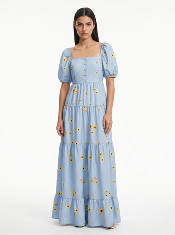 Daisy Print Puff Sleeve Tiered Maxi Dress