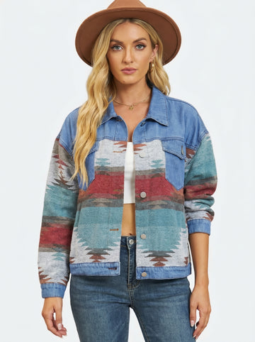 Geometric Button Up Dropped Shoulder Denim Jacket
