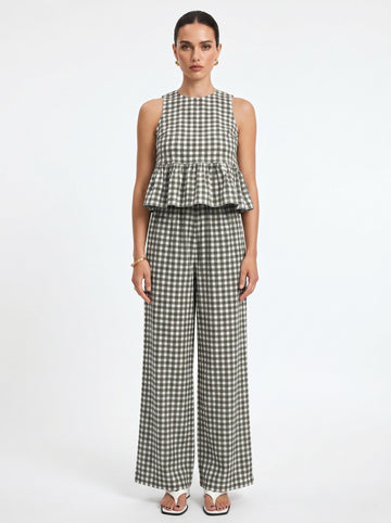 Gingham Sleeveless Top and Wide-Leg Pants Set