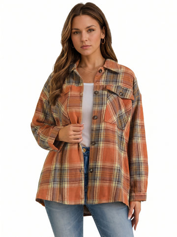 Plaid Collared Neck Long Sleeve Shirt with Chest Pockets