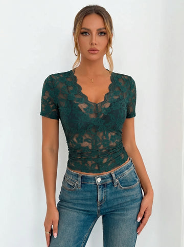 Lace V-Neck Short Sleeve Top