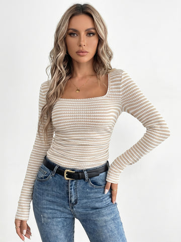 Striped Square Neck Long Sleeve T-Shirt