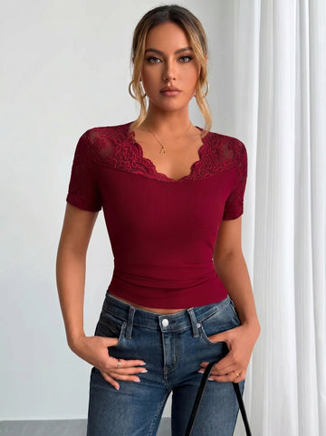 Elegant Lace Trim V-Neck Fitted Top