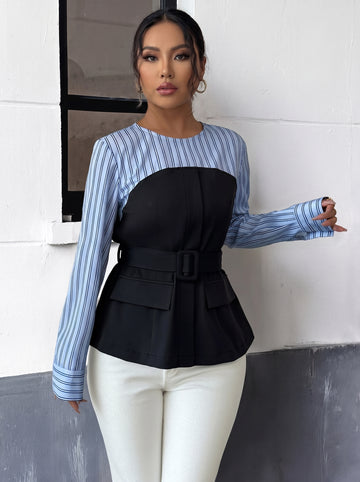 Striped Long Sleeve Blouse with Bow Tie