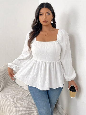 Plus Size Square Neck Long Sleeve Peplum Blouse