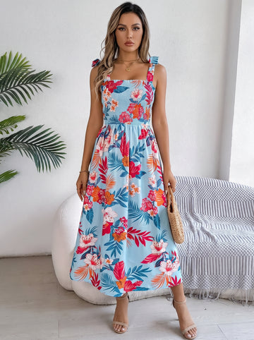 Smocked Floral Tie Shoulder Midi Dress