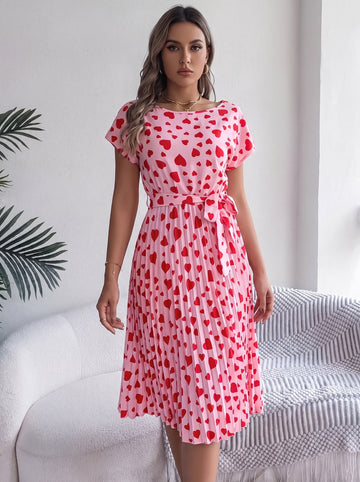 Heart Print Belted Pleated Midi Dress