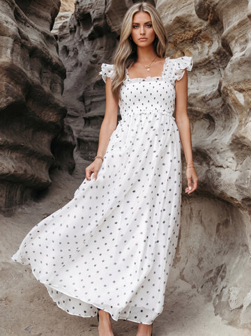 Polka Dot Ruffle Sleeve Smocked Midi Dress