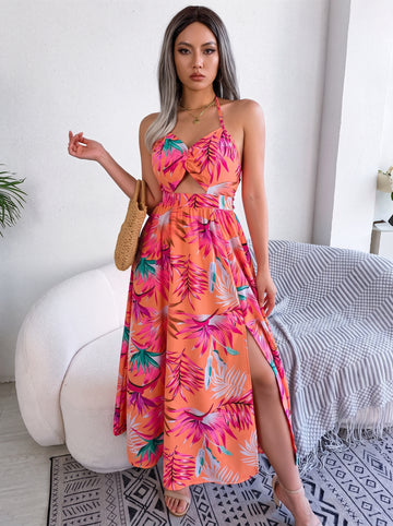 Botanical Print Tied Backless Cutout Slit Dress